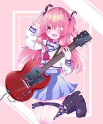  1girl angel_beats! black_boots blue_skirt boots brown_collar collar commentary_request cross_hair_ornament electric_guitar fang gibson_sg guitar hair_ornament hair_ribbon hamaguri_mafuyu highres holding holding_guitar holding_instrument instrument leg_belt long_hair looking_at_viewer one_eye_closed open_mouth outline pink_background pink_hair pink_ribbon pleated_skirt red_eyes ribbon shinda_sekai_sensen_uniform skin_fang skirt solo two_side_up v white_outline yui_(angel_beats!) 