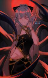  1girl absurdres armlet artist_name atou_(isekai_mokushiroku_mynoghra) black_dress black_ribbon black_skirt bluesky_logo bright_pupils collar dress facial_mark gold_armlet gold_collar grey_hair grey_sleeves hair_ribbon half_updo halter_shirt halterneck highres instagram_logo isekai_mokushiroku_mynoghra jewelry knowname long_pointy_ears long_skirt long_sleeves looking_at_viewer medium_hair metal_collar moon parted_lips pixiv_logo pointy_ears red_eyes red_moon ribbon sidelocks skirt smile solo standing twitter_logo twitter_username white_pupils 