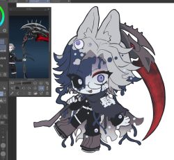  1boy animal_ears aotsuki_eito art_program_in_frame art_program_request black_cloak black_jacket black_pants black_sclera chibi chibi_only cloak colored_sclera eldritch_abomination extra_eyes eyeliner gakuran glasses gloves grey_hair heterochromia highres holding holding_scythe holding_weapon jacket kemonomimi_mode last_defense_academy_school_uniform looking_at_viewer makeup male_focus mismatched_sclera official_art_inset open_mouth pants rabbit_boy rabbit_ears rabbit_tail red_eyeliner reference_inset ringed_eyes school_uniform scythe short_hair slime_(substance) solo sparrowhabird standing standing_on_one_leg tail tentacles the_hundred_line_-last_defense_academy- violet_eyes weapon white_background white_eyes white_gloves 