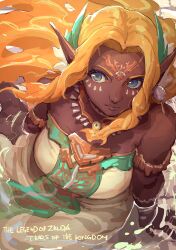  1girl absurdres armlet bare_shoulders blonde_hair breasts circlet copyright_name dark-skinned_female dark_skin dress earrings highres jewelry magatama magatama_necklace moyashi_mou2 necklace partially_submerged pointy_ears secret_stone solo sonia_(zelda) strapless strapless_dress the_legend_of_zelda the_legend_of_zelda:_tears_of_the_kingdom 