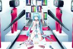  1girl amputee aqua_eyes aqua_hair boots cake candle checkered checkered_floor collar food hand_on_own_chest hatsune_miku highres knife long_hair monitor sakakidani shoes sitting solo twintails very_long_hair vocaloid wariza 