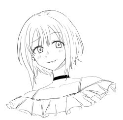  1girl bang_dream! bang_dream!_it&#039;s_mygo!!!!! choker commentary_request greyscale highres monochrome off-shoulder_shirt off_shoulder parted_lips shirt short_hair smile solo upper_body yrk_ev yuutenji_nyamu 