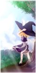  1girl back blonde_hair hat hat_ribbon holding holding_hat kirisame_marisa ribbon solo sunlight touhou tsukasaki_aoi witch_hat 