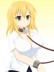  1girl blonde_hair breasts cleavage collar femsub large_breasts leash short_hair solo yellow_eyes 