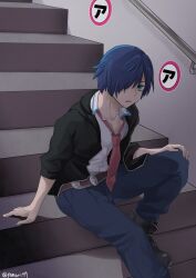  1boy absurdres arm_support black_boots blue_eyes blue_hair boots collarbone commentary_request freckles grey_pants hair_over_one_eye highres kuji_toi male_focus mari_(rodoney-kiara) pants parted_lips railing sarazanmai short_hair sitting sitting_on_stairs solo stairs 