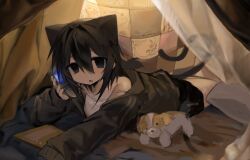  1girl animal_ears black_jacket black_shorts blanket blue_eyes camisole cat_ears cat_girl cat_tail cellphone fang flip_phone hair_between_eyes hair_intakes highres holding holding_phone jacket lying mellt_1c on_stomach open_mouth original phone pillow quilt short_shorts shorts single_bare_shoulder solo strap_slip stuffed_animal stuffed_dog stuffed_toy tail talking_on_phone tent white_camisole 