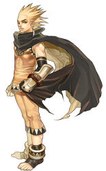  1boy ankle_cuffs armor artist_request asgard black_cloak black_gloves blonde_hair capri_pants cloak cloak_pull covered_pectorals double-parted_hair earrings elbow_gloves expressionless fingerless_gloves fingernails foot_wraps from_side full_body gauntlets gloves gold_armor impasto jewelry legs_together light_frown looking_at_viewer male_focus monk_(asgard) nexon nose official_art orange_pants orange_shirt pants pectorals second-party_source shirt short_hair sleeveless sleeveless_shirt spiky_hair standing toenails toes two-sided_cloak two-sided_fabric vambraces yellow_eyes 