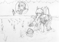  1other 2girls air_bubble amiya_(arknights) arknights bent_over bubble commentary_request day doctor_(arknights) dragon_girl dragon_tail eastern_dragon_horns farming gloves graphite_(medium) greyscale hair_over_shoulder hiding highres holding holding_plant hood hood_up long_hair looking_at_another low_ponytail mask monochrome multiple_girls outdoors partially_submerged plant ponytail rabbit_girl rice_(plant) rice_paddy rice_planting ripples searching senpuki shorts shouting_with_hands shu_(arknights) small_sweatdrop spoken_character tail traditional_media wading water 