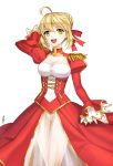  1girl ahoge blonde_hair breasts briska cleavage dress fate/extra fate_(series) green_eyes hair_ribbon red_dress ribbon saber_extra solo 