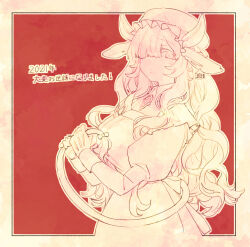  1girl 2021 anger_vein animal_ears apron border breasts brooch closed_mouth commentary_request cow_ears cow_horns cow_tail dress ear_tag eurasia_(wtp09ptw14) fake_animal_ears fake_horns fake_tail francoise_(eurasia) frilled_hat frills gloves hair_over_one_eye hat highres holding holding_own_tail horns jewelry juliet_sleeves large_breasts long_hair long_sleeves looking_at_viewer maid_apron mob_cap monochrome one_eye_covered original parted_bangs puffy_sleeves red_background solo tail translation_request yellow_border 