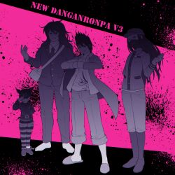  4boys bandaged_hand bandages barefoot belt belt_buckle black_background blazer blood blood_splatter blush_stickers boots breast_pocket buckle bug_cage business_suit buttons cigarette clenched_hands closed_mouth coat_partially_removed collared_coat collared_jacket collared_shirt copyright_name covered_mouth cuffs danganronpa_(series) danganronpa_v3:_killing_harmony denim dress_pants dress_shoes fake_horns feet flame_print full_body gakuran gokuhara_gonta greyscale_with_colored_background hair_between_eyes hand_in_pocket hand_on_headwear happy hat height_difference high_collar high_contrast horned_headwear horns hoshi_ryoma jacket jeans knee_boots lapel_pin lapels layered_sleeves leather leather_jacket long_hair long_sleeves looking_ahead looking_at_viewer male_focus mask messy_hair momota_kaito mouth_hold mouth_mask multiple_boys necktie notched_lapels one_eye_covered open_clothes open_jacket outstretched_hand own_hands_together pants peaked_cap pink_background pink_blood pocket pocket_watch print_shirt r&#039;l_(arul-erur-plant-403) school_uniform shackles shinguji_korekiyo shirt short_hair short_male single_ankle_cuff slippers spiky_hair standing straight_hair striped_clothes striped_pants striped_shirt suit two-tone_background undershirt v-neck watch zipper 