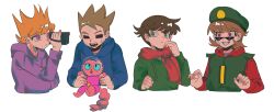  4boys anger_vein animal antenna_hair blue_hoodie brown_hair camera cat closed_mouth cropped_torso drawstring edd_(eddsworld) eddsworld fangs fingernails frown green_eyes green_hat green_hoodie grin hair_behind_ear hand_in_pocket hand_on_own_cheek hand_on_own_face hands_up hat helmet highres holding holding_animal holding_camera holding_cat hollow_eyes hood hood_down hoodie looking_to_the_side male_focus matt_(eddsworld) multiple_boys open_mouth orange_hair pink_cat purple_hoodie red_eyes red_hoodie red_scarf scarf short_hair simple_background smile space_helmet sunglasses teeth tom_(eddsworld) tongue tord_(eddsworld) violet_eyes whalebone_(muffinsuki) white_background 