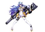  1girl absurdres asya bare_shoulders blue_hair breasts cleavage_cutout dual_wielding full_body gatling_gun gun headgear highres huge_weapon kos-mos long_hair red_eyes simple_background solo thigh-highs weapon white_background white_legwear xenosaga 