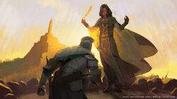  1girl 1other bearer_of_the_curse brown_gloves brown_hair cape cloak commentary_request dark_souls_(series) dark_souls_ii dress emerald_herald feathers full_body fur_cape gauntlets gloves green_cloak green_dress green_shirt helm helmet highres holding holding_feather hood hood_up hooded_cloak in-universe_location l_aciel on_one_knee outdoors pillar shirt sky standing sword weapon web_address yellow_sky 