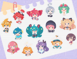  6+boys 6+girls 66_(roro) :3 ahoge animal_ears animal_on_head bandage_over_one_eye beanie bird bird_on_head blonde_hair blue_eyes blue_hair blush_stickers bow brown_eyes brown_hair cat_ears chibi closed_eyes commentary cropped_torso detached_sleeves fukase green_hair grey_hair gumi hair_bow hair_ornament hairclip hat hatsune_miku headphones heart hikusa jitome kagamine_len kagamine_rin kaito_(vocaloid) kamui_gakupo kasane_teto kasane_teto_(utau) lined_paper long_hair megurine_luka meiko_(vocaloid) multiple_boys multiple_girls necktie o3o oliver_(vocaloid) on_head one_eye_closed open_mouth paperclip pink_eyes pink_hair ponytail purple_hair red_eyes red_hair sailor_collar sailor_hat scarf seeu short_hair short_hair_with_long_locks short_ponytail smile takoluka tongue tongue_out top_hat twintails utatane_piko utau vocaloid yellow_eyes 