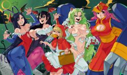  1boy 4girls animal_ears b.b._hood b.b._hood_(cosplay) bambietta_basterbine black_eyes black_hair bleach bleach:_sennen_kessen-hen blonde_hair breasts candice_catnipp cleavage_cutout clothing_cutout cosplay darkstalkers fake_animal_ears fake_wings felicia_(darkstalkers) felicia_(darkstalkers)_(cosplay) giselle_gewelle green_eyes green_hair halloween_costume highres hsien-ko hsien-ko_(cosplay) large_breasts lilith_(darkstalkers) lilith_(darkstalkers)_(cosplay) liltotto_lamperd meninas_mcallon morrigan_aensland morrigan_aensland_(cosplay) multiple_girls pink_eyes pink_hair print_thighhighs red_hood small_breasts thigh-highs tombstone wanderjegson wings yellow_eyes 
