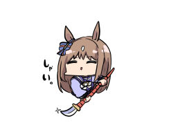  1girl :> ^_^ animal_ears bow breasts brown_hair closed_eyes cropped_torso ear_bow glint grass_wonder_(umamusume) highres holding holding_polearm holding_weapon horse_ears kawamochi_(tddm3573) long_hair long_sleeves medium_breasts multicolored_hair naginata parted_lips polearm puffy_long_sleeves puffy_sleeves purple_shirt shirt simple_background solo striped_bow translation_request triangle_mouth two-tone_hair umamusume upper_body very_long_hair weapon white_background white_bow white_hair 