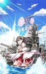  1girl bare_shoulders black_hair brown_eyes clouds detached_sleeves hairband haruna_(kantai_collection) highres japanese_clothes kantai_collection kurume_shou long_hair open_mouth personification sky solo thighhighs translation_request water 