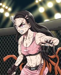  1girl abs anger_vein angry bandages black_hair bow cleavage crop_top gloves horns kamado_nezuko kimetsu_no_yaiba long_hair looking_at_another martial_arts midriff multicolored_hair navel orange_hair pink_clothes pink_eyes pink_ribbon ribbon shorts stomach teeth wavy_hair 