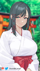  1girl amagami-san_chi_no_enmusubi amagami_yae artist_name black_hair blurry blurry_background breasts closed_mouth commentary_request damobelmont green_eyes hair_ornament hakama hakama_skirt highres japanese_clothes large_breasts long_hair looking_at_viewer miko patreon_logo patreon_username red_hakama signature skirt smile solo tassel tassel_hair_ornament torii twitter_logo twitter_username upper_body white_kosode 