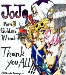  1girl 6+boys artist_name black_hair blonde_hair blue_eyes bob_cut braid bruno_bucciarati cleavage_cutout clothing_cutout copyright_name english_text giorno_giovanna grin guido_mista hair_ornament hairband hairclip hat highres jojo_no_kimyou_na_bouken leone_abbacchio lipstick makeup male_focus marker_(medium) multiple_boys narancia_ghirga orange_hair pannacotta_fugo pectoral_cleavage pectorals pink_hair pink_lips purple_lips red_hairband red_hat smile thank_you third-party_source traditional_media trish_una tsumagari_daisuke vento_aureo violet_eyes white_hair 