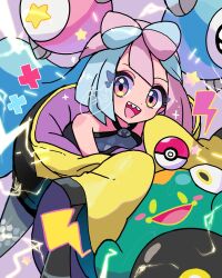  1girl bellibolt blue_hair bow-shaped_hair character_hair_ornament grey_pantyhose hair_ornament halter_shirt halterneck hexagon_print highres iono_(pokemon) jacket long_hair looking_at_viewer multicolored_hair open_mouth pantyhose pink_hair poke_ball poke_ball_(basic) pokemon pokemon_(creature) pokemon_sv purple_background sharp_teeth simple_background sleeves_past_fingers sleeves_past_wrists split-color_hair standing teeth two-tone_hair upper_body violet_eyes yellow_eyes yellow_jacket yoshishi_(yosisitoho) 