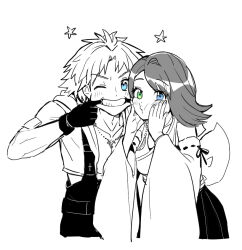  1boy 1girl blue_eyes cheek_squash dede_(qwea_00000) detached_sleeves final_fantasy final_fantasy_x gloves green_eyes greyscale heterochromia jewelry leaning_forward monochrome mouth_pull necklace one_eye_closed short_hair smile spot_color tidus upper_body wide_sleeves yuna_(ff10) 
