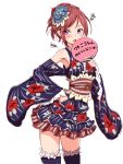  1girl bare_shoulders blush clearite detached_sleeves fan hair_ornament japanese_clothes love_live!_school_idol_project nishikino_maki open_mouth paper_fan redhead short_hair solo thighhighs violet_eyes 