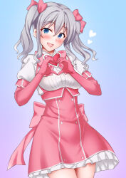  1girl anti_(untea9) blue_background blue_eyes brooch collared_shirt commentary_request cosplay dress_shirt elbow_gloves gloves gradient_background grey_hair hairstyle_connection heart heart_brooch heart_hands highres jewelry kantai_collection kashima_(kancolle) long_hair magia_magenta magia_magenta_(cosplay) mahou_shoujo_ni_akogarete pink_gloves pink_skirt shirt skirt smile solo twintails white_shirt 