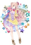  1girl atelier_(series) atelier_meruru blonde_hair blue_eyes bowtie braid breasts cape cleavage crown flower french_braid frills half_updo heart kishida_mel long_hair merurulince_rede_arls official_art shoes skirt smile solo star 