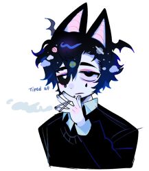  1boy animal_ears bat_boy bat_ears bat_wings black_eyes black_hair black_sclera blue_hair cigarette cloud_hair_ornament colored_sclera dilnyan03 english_commentary english_text gradient_hair hair_ornament head_wings heterochromia highres holding holding_cigarette looking_at_viewer male_focus mismatched_sclera multicolored_hair original planet_hair_ornament short_hair simple_background slit_pupils smoking solo teardrop teardrop_facial_mark upper_body white_background white_eyes wings 
