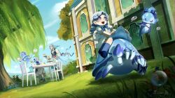  1boy 2girls alternate_hairstyle artist_name blue_eyes blue_hair boots bow braid bright_pupils bubble cake child day dress dutch_angle familiar family fang fingernails floating floating_hair food furina_(genshin_impact) genshin_impact gentilhomme_usher grey_hair hair_bow heterochromia holding holding_plate if_they_mated long_hair looking_at_another low-tied_long_hair low_ponytail mademoiselle_crabaletta multiple_girls nail_polish neuvillette_(genshin_impact) nomae.jie outdoors pants plate pointy_ears ponytail purple_nails purple_pupils riding shirt shoes single_braid sitting slit_pupils smile socks surintendante_chevalmarin thigh_boots very_long_hair vest violet_eyes walking white_pupils 