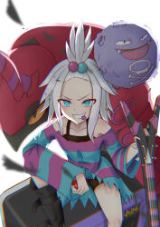  1girl absurdres aqua_eyes bass_guitar black_boots black_shorts blush boots collarbone commentary_request dress fangs freckles hair_bobbles hair_ornament highres holding holding_bass_guitar holding_instrument holding_poke_ball instrument koffing long_sleeves mouth_hold open_mouth osutaka19931015 plectrum plectrum_in_mouth poke_ball poke_ball_(basic) pokemon pokemon_(creature) pokemon_bw2 roxie_(pokemon) scolipede shorts shorts_under_dress sitting skull_and_crossbones smile striped_clothes striped_dress teeth topknot two-tone_dress v-shaped_eyebrows white_hair 