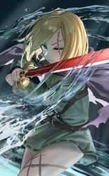  1girl absurdres alicia_glenfall black_cloak blonde_hair blue_eyes clevatess:_majuu_no_ou_to_akago_to_shikabane_no_yuusha cloak commentary_request cowboy_shot dress fighting_stance green_dress highres holding holding_sword holding_weapon hydrokinesis looking_at_viewer losk one_eye_closed parted_lips scar scar_across_eye scar_on_face scar_on_leg short_hair solo sword two-handed water weapon 