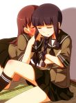  2girls bangs black_hair blunt_bangs blush braid brown_hair cheek_kiss closed_eyes crossed_arms kantai_collection kiss kitakami_(kantai_collection) long_hair multiple_girls ooi_(kantai_collection) personification school_uniform serafuku skirt twin_braids umekichi 