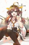  1girl ahoge akahito bare_shoulders blush brown_hair detached_sleeves hair_ornament hairband headgear japanese_clothes kantai_collection kongou_(kantai_collection) long_hair open_mouth skirt smile solo thighhighs wide_sleeves 