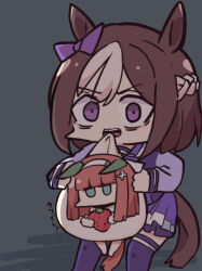  2girls animal_ears barefoot bow braid brown_hair chibi ear_bow ears_down feet_out_of_frame food fruit grey_background hair_between_eyes hairband holding holding_food horse_ears horse_girl horse_tail kawamochi_(tddm3573) long_sleeves looking_at_viewer mini_person minigirl multicolored_hair multiple_girls open_mouth pleated_skirt puffy_long_sleeves puffy_sleeves purple_bow purple_shirt purple_skirt purple_thighhighs school_uniform shirt silence_suzuka_(umamusume) skirt special_week_(umamusume) standing strawberry tail teeth thigh-highs tracen_school_uniform translation_request two-tone_hair umamusume upper_teeth_only violet_eyes wavy_mouth white_hair white_hairband 
