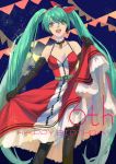  1girl belt buming choker dress earrings elbow_gloves gloves green_eyes green_hair happy_birthday hatsune_miku highres jewelry long_hair open_mouth solo twintails very_long_hair vocaloid 