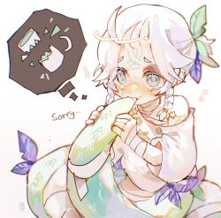  1boy androgynous bandaged_arm bandages blue_eyes blush braid bruise bruised_eye crying english_text fang half-closed_eye highres identity_v injury lamia looking_ahead luca_balsa luca_balsa_(viper) male_focus monster_girl off_shoulder official_alternate_costume ponytail shirt short_ponytail skin_fang tearing_up toramledak twin_braids uneven_eyes white_hair white_shirt 