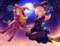  2girls :d :o adversarial_noise alternate_costume back_bow blonde_hair blue_bow blue_eyes bow brooch broom broom_riding commission dress earrings english_commentary eyelashes full_body hair_over_one_eye halloween halloween_costume hat highres jack-o&#039;-lantern_hat_ornament jewelry long_hair long_sleeves looking_at_viewer mario_kart mario_kart_tour multiple_girls nonoworks official_alternate_hairstyle open_mouth pantyhose pink_bow pink_dress pink_hat pointy_ears princess_zelda puffy_short_sleeves puffy_sleeves purple_dress purple_hat rosalina rosalina_(halloween) short_sleeves signature sky smile star_(sky) star_(symbol) star_brooch star_earrings starry_sky striped_clothes striped_pantyhose super_mario_bros. teeth the_legend_of_zelda the_legend_of_zelda:_a_link_between_worlds twitter_username upper_teeth_only witch witch_hat 