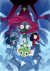  4boys black_eyes character_request dark_keroro doruru frog grey_hair gun hat holding holding_gun holding_stick holding_weapon keroro keroro_gunsou looking_at_viewer mirror movie_poster multiple_boys no_humans one_eye_closed red_eyes scarf star_(symbol) stick weapon yoshizaki_mine 