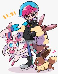  1girl :d black_hoodie blue_hair blue_pantyhose blush bow brown_fur character_backpack dated eevee eevee_backpack fang full_body glasses grey_eyes highres hood hoodie long_sleeves looking_at_another multicolored_hair musical_note neck_fur pantyhose penny_(pokemon) pink_fur poke_ball_print pokemon pokemon_(creature) pokemon_sv red_hair ribbon round_eyewear see-through_clothes see-through_skirt short_hair simple_background skirt smile standing sylveon two-tone_fur two-tone_hair white_fur yellow_fur yoshishi_(yosisitoho) 