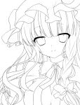  1girl blush etou_(cherry7) hat lineart long_hair looking_at_viewer monochrome patchouli_knowledge smile solo touhou 
