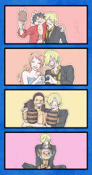  &gt;_&lt; 1girl 4boys ^_^ antlers aska_makoto bare_shoulders black_hair black_suit blonde_hair blue_border blush border cigarette closed_eyes collared_shirt commentary_request cup curly_eyebrows facial_hair food goatee hair_over_one_eye heart heart-shaped_pupils heart_hands heart_hands_duo highres holding holding_cup holding_food horns long_hair long_nose monkey_d._luffy multiple_boys mustache nami_(one_piece) necktie one_piece open_mouth orange_hair ponytail red_shirt reindeer_antlers sanji_(one_piece) scar scar_on_chest scar_on_face shirt suit symbol-shaped_pupils tony_tony_chopper usopp 