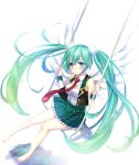  1girl aqua_hair barefoot blush green_eyes hatsune_miku long_hair looking_at_viewer necktie sitting smile solo swing swinging tonee twintails very_long_hair vocaloid white_background wings wrist_cuffs 