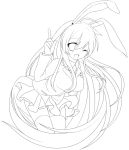  1girl animal_ears blazer breasts etou_(cherry7) lineart long_hair looking_at_viewer monochrome necktie open_mouth rabbit_ears reisen_udongein_inaba skirt smile solo thigh-highs touhou very_long_hair wink 