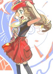 1girl black_shirt black_thighhighs blonde_hair blue_eyes eyewear_on_headwear hat highres homes3eethome long_hair looking_to_the_side open_mouth pink_bag pokemon pokemon_xy red_hat red_skirt serena_(pokemon) shirt simple_background skirt sleeveless sleeveless_duster sleeveless_shirt solo standing thigh-highs upper_body white-framed_eyewear white_background 