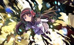  1girl akemi_homura argyle_clothes argyle_footwear artist_request black_boots black_capelet black_hair black_wings_of_corrosion boots capelet closed_mouth clouds cloudy_sky collared_capelet dot_nose dress eyelashes floating_hair flying frilled_skirt frills full_body game_cg gem hairband hand_jewel highres jitome layered_sleeves light_blush light_particles lips long_hair long_sleeves looking_at_viewer magical_girl mahou_shoujo_madoka_magica mahou_shoujo_madoka_magica_(anime) mahou_shoujo_madoka_magica_magia_exedra miniskirt official_art outdoors pleated_skirt purple_capelet purple_gemstone purple_skirt red_hairband red_ribbon ribbon short_dress sidelocks skirt sky smile solo thigh_boots two-tone_capelet very_long_hair violet_eyes white_dress 