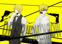  2boys black_bow black_bowtie blonde_hair blue-framed_eyewear bow bowtie chef cigar cosplay costume_switch crossover durarara!! heiwajima_shizuo multiple_boys natsusemi ono_daisuke satou_jun smoking voice_actor_connection working!! yellow_background yellow_theme 