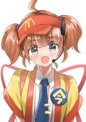  1girl absurdres ahoge blue_necktie blush brown_hair collared_shirt commentary_request forge_saikyo grey_eyes highres imadake_dabuchi_tabemi jacket looking_at_viewer mcdonald&#039;s necktie open_mouth red_visor shirt short_hair short_sleeves short_twintails simple_background smile solo striped_clothes striped_shirt twintails upper_body vertical-striped_clothes vertical-striped_shirt visor_cap white_background white_shirt yellow_jacket 
